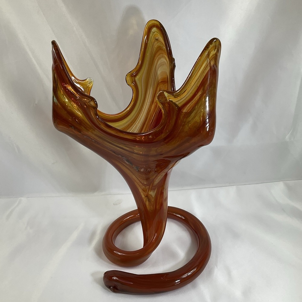 VTG MCM Sooner Hand Blown Art Glass Tulip Trumpet Vase Orange Swirl Coiled Base